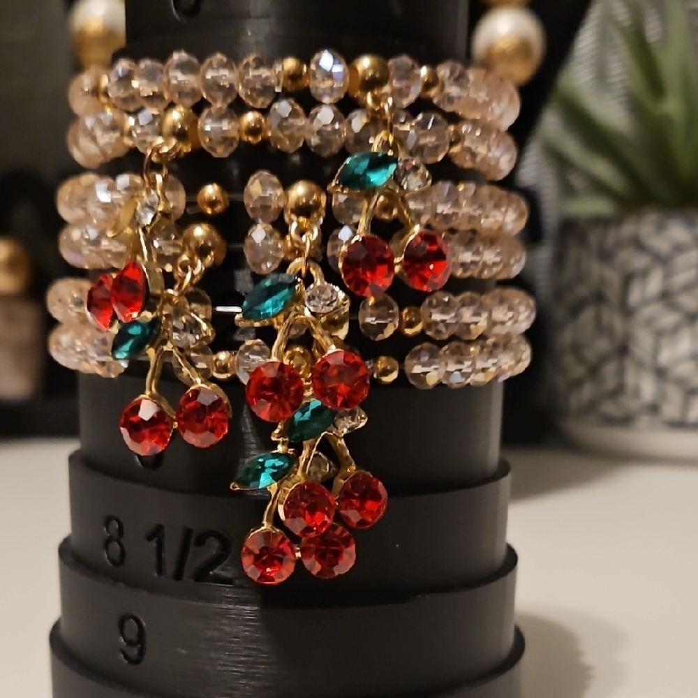 Red, Green and Gold Tone Cherry Bracelet Set (6 Bracelets)